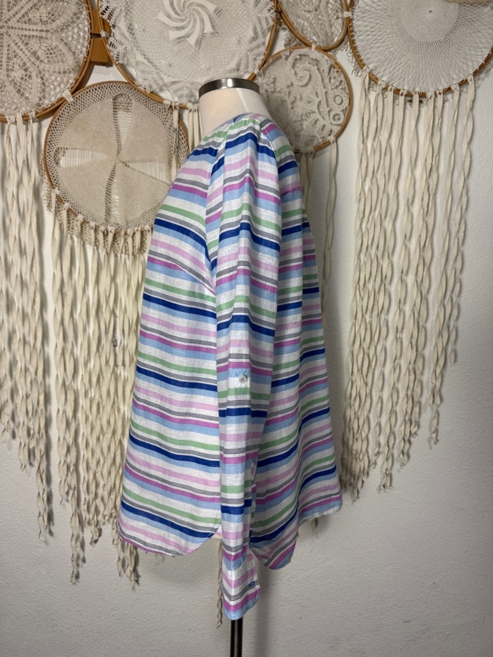 Talbots Stripe Linen Camp Shirt with Roll Tab Long Sleeve Size Large - Picture 5 of 12